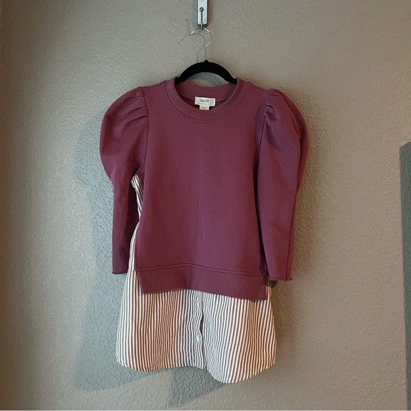 Maeve by Anthropologie Puff Sleeve Sweater Built in Oxford Stripe Shirt Size XXS - Picture 2 of 8